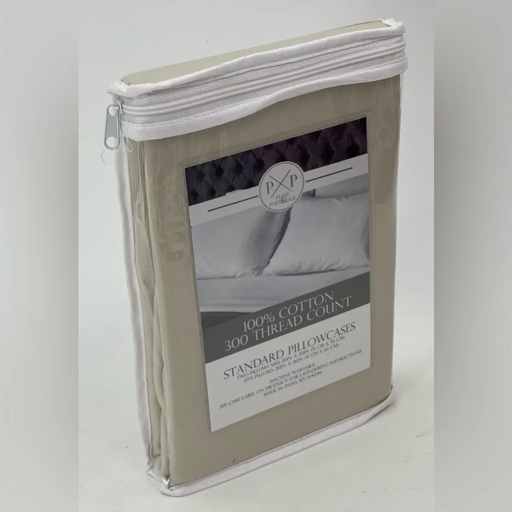 Plum & Partridge Pillow Cases Tan Standard Pillow 300 Thread Count 20” X 30” NIP